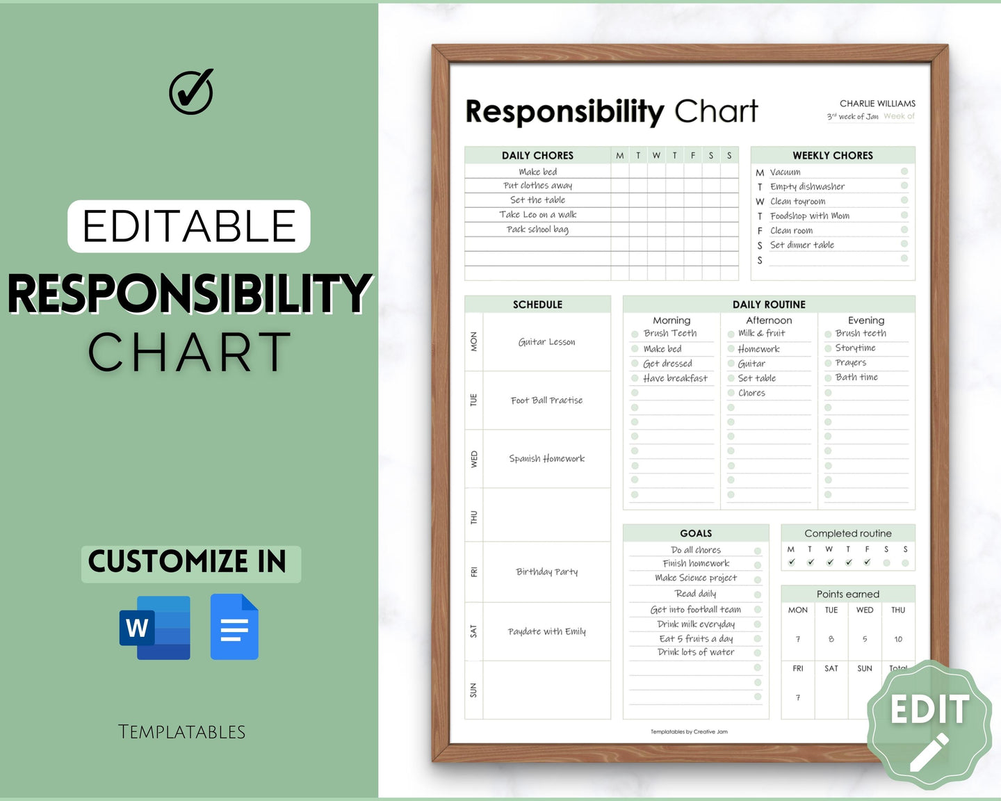 EDITABLE Responsibility Chart | Family Chore Chart, Weekly Adult Routine & Reward Chart for Kids | Green