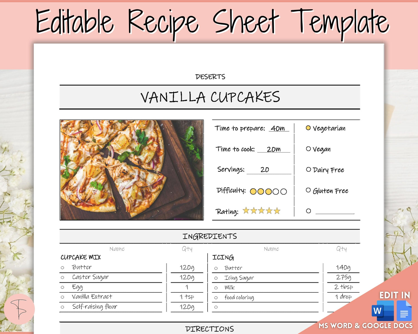 EDITABLE Recipe Sheet Template | Recipe Book, Cards & Cookbook Binder, 8.5x11 Food Planner Journal | Style 3