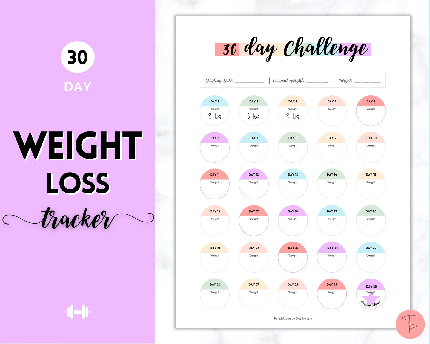 30 day Weight Loss Tracker & Monthly Challenge | Weight Loss Chart, Pounds Lost Fitness Tracker | Rainbow Swash