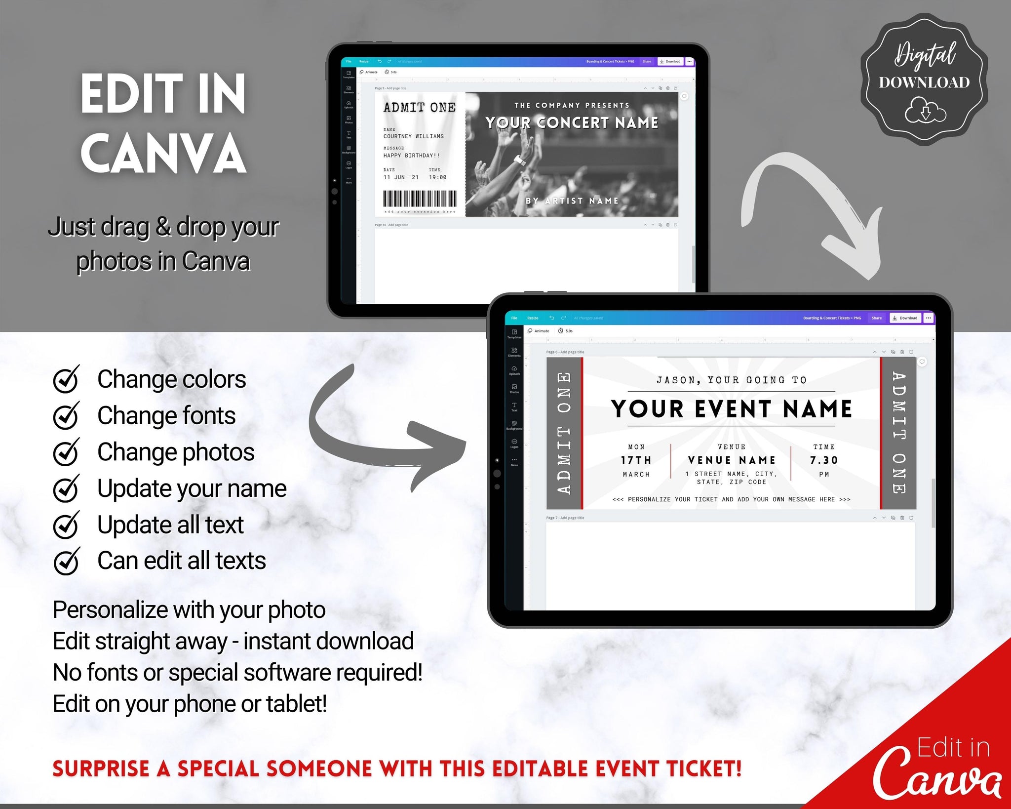 Perfect Ticket Example Event Ticket Editable Template | Perfect Gift for Special Occasions