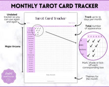 Load image into Gallery viewer, Tarot Card Trackers &amp; Monthly Readings | Learn Tarot Card Readings, Tarot Spreads | Beginner Tarot Planner Workbook, Grimoire &amp; Cheat Sheets | Purple
