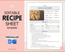 Load image into Gallery viewer, EDITABLE Recipe Sheet Template | Recipe Book, Cards &amp; Cookbook Binder, 8.5x11 Food Planner Journal | Style 3
