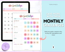 Load image into Gallery viewer, No Spend Challenge BUNDLE | Printable 30 day, 60 day, 90 day Savings Challenge &amp; Monthly Spending Tracker | Pastel Rainbow
