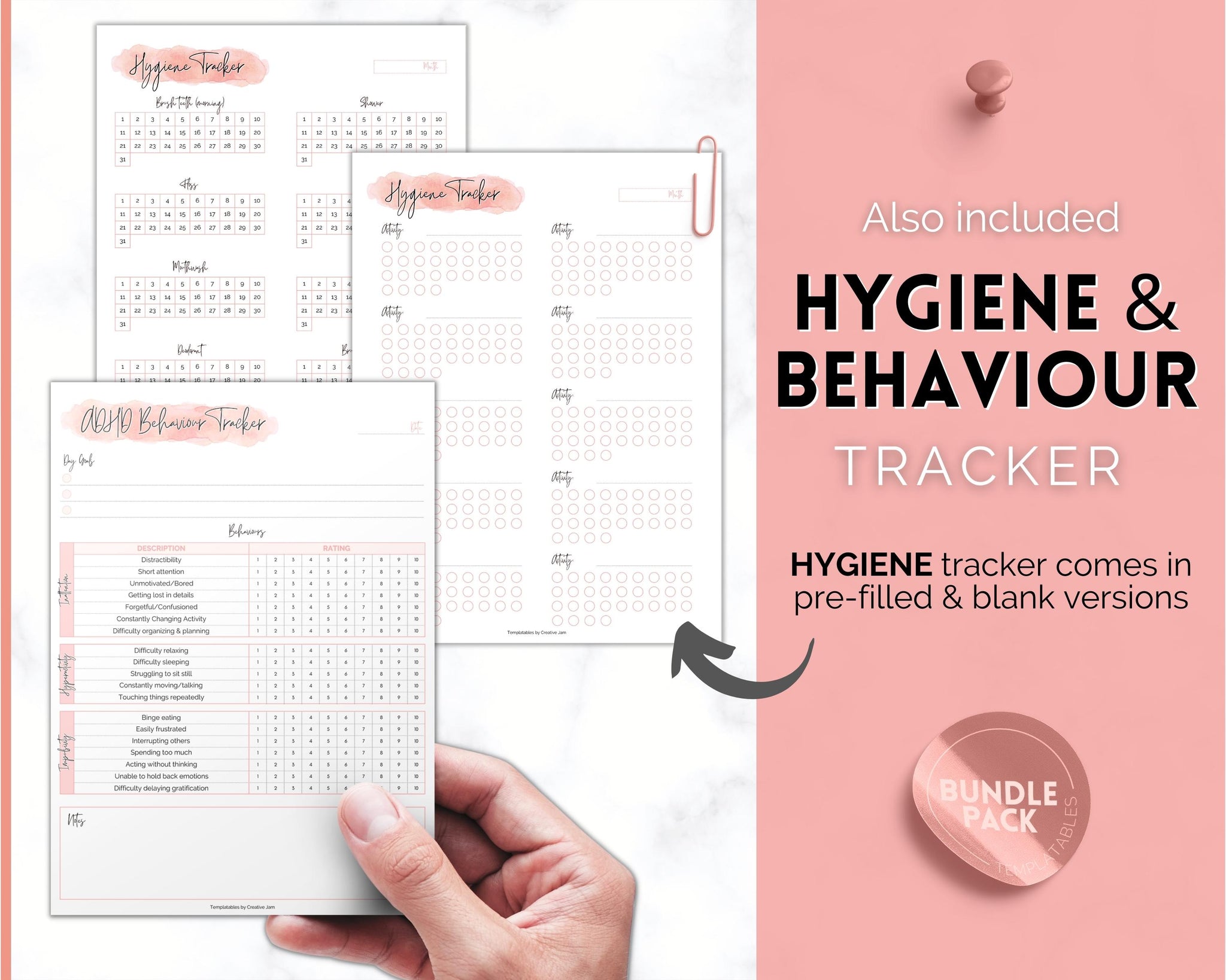 Pink Behavior Tracker ADHD Symptom Tracker, Behavior & Hygiene Tracker BUNDLE | Pink Waterco