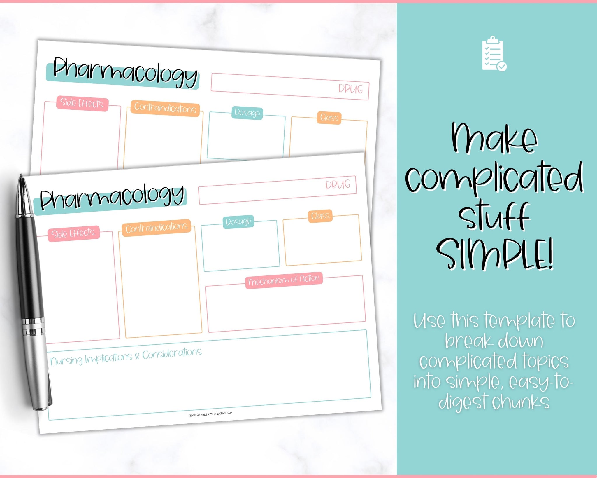 Pharmacology Drug Card Template for Nursing School Nurse Flashcards