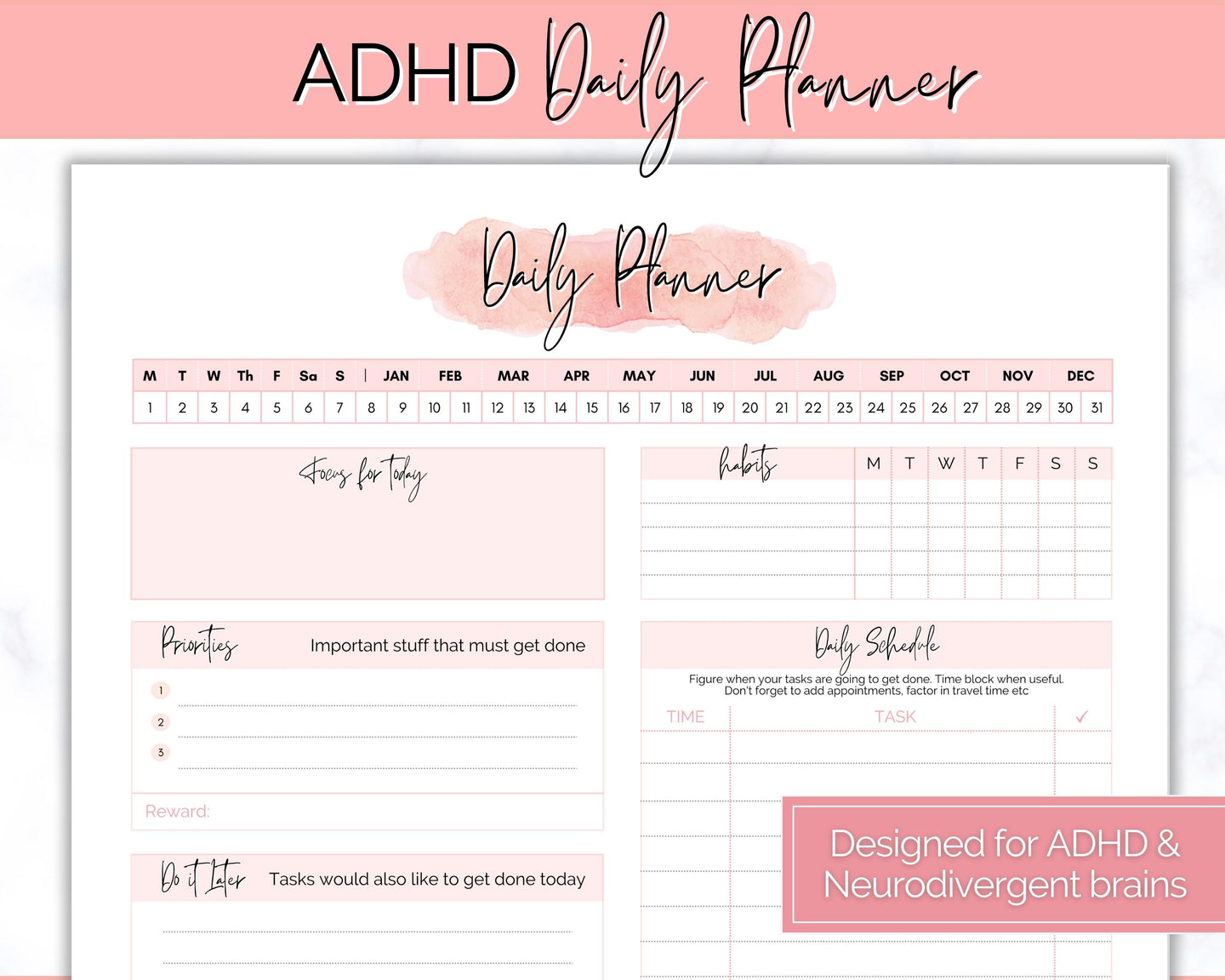 ADHD Daily Planner for Adults - Made for Neurodivergent Brains | Pink Watercolor