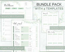 Load image into Gallery viewer, Meal Planner BUNDLE | Weekly Food Diary, Meal Tracker Printable &amp; Daily Food Journal | Green Eucalyptus

