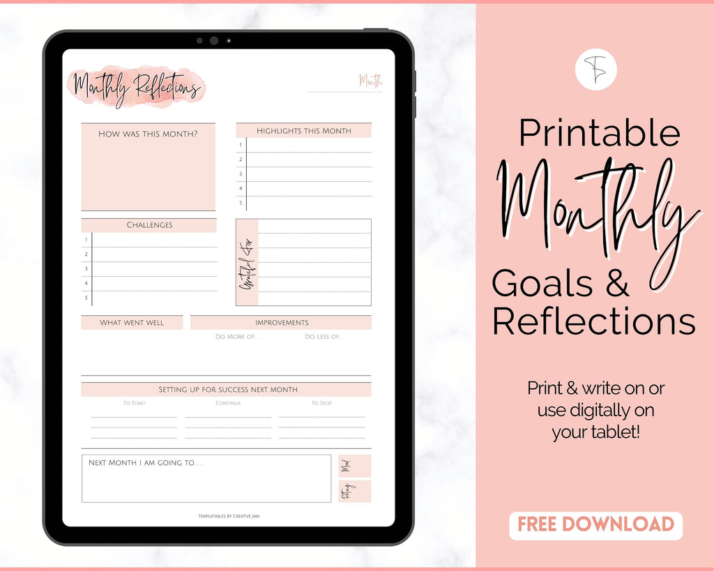 Budget Reflection FREE - Monthly Goals & Reflections Printables | Pink Watercolor