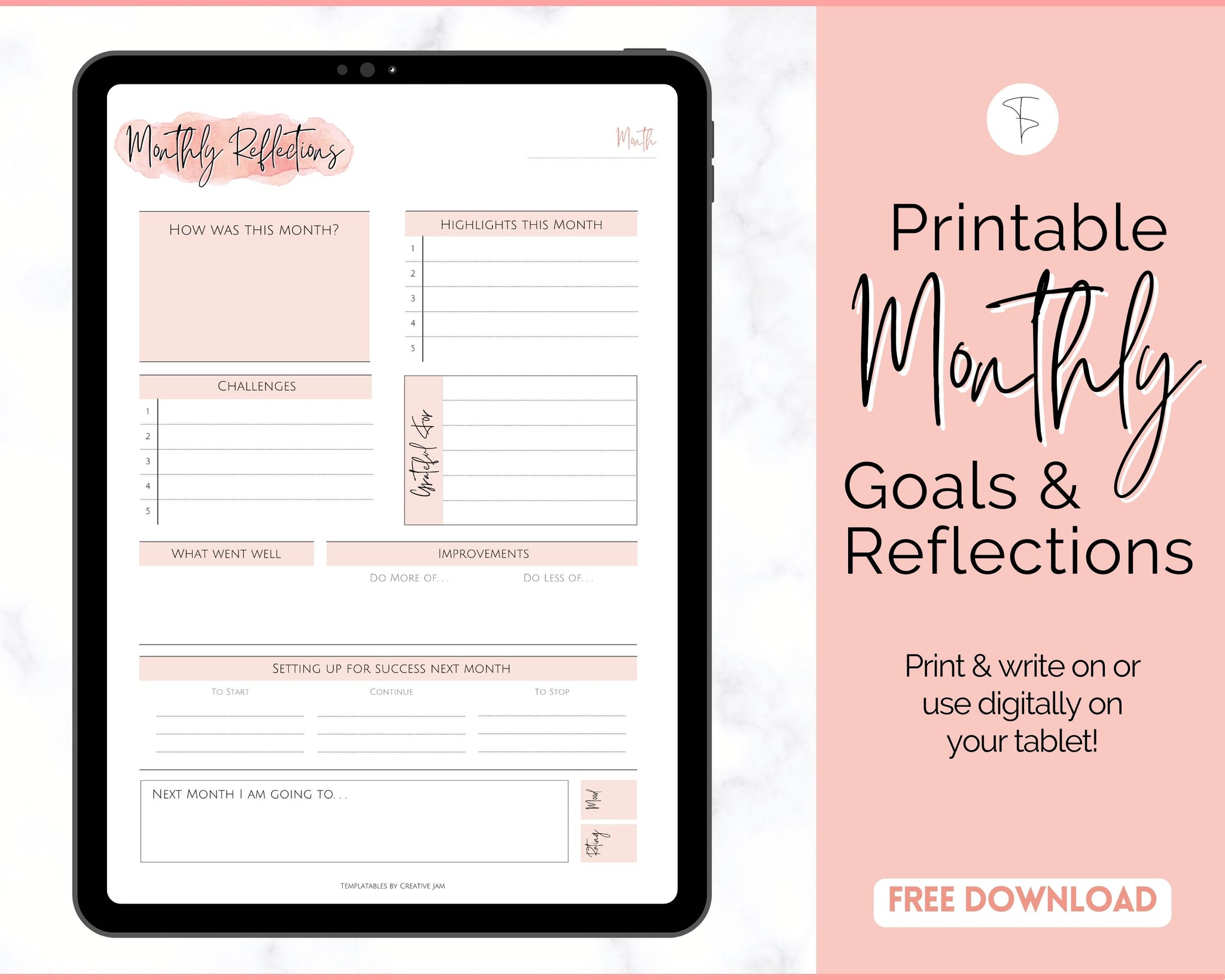 Monthy Reflections FREE - Monthly Goals & Reflections Printables | Pink Watercolor