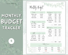 Load image into Gallery viewer, Monthly Budget Planner Printable | Financial Income, Expenses, Debt, Paycheck &amp; Savings Tracker Template | Green Eucalyptus
