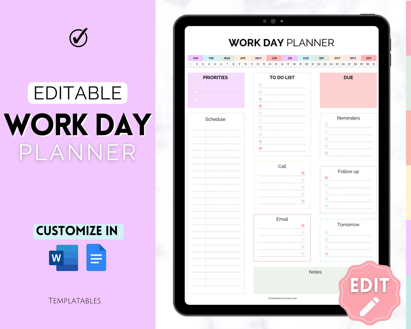 Work Planner & Work Day Organizer | Editable Daily Planner, Work From Home To Do List Printable & Digital Schedule | Pastel Rainbow