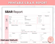 Load image into Gallery viewer, SBAR Nurse Brain Report Sheet | ICU Nurse Report, RN Nursing, New Grad, Patient Assessment, Printable Template | Pink
