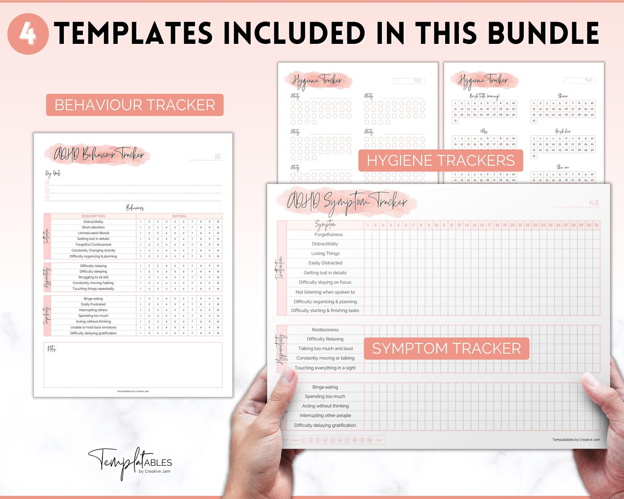 Pink Behavior Tracker ADHD Symptom Tracker, Behavior & Hygiene Tracker BUNDLE | Pink Waterco