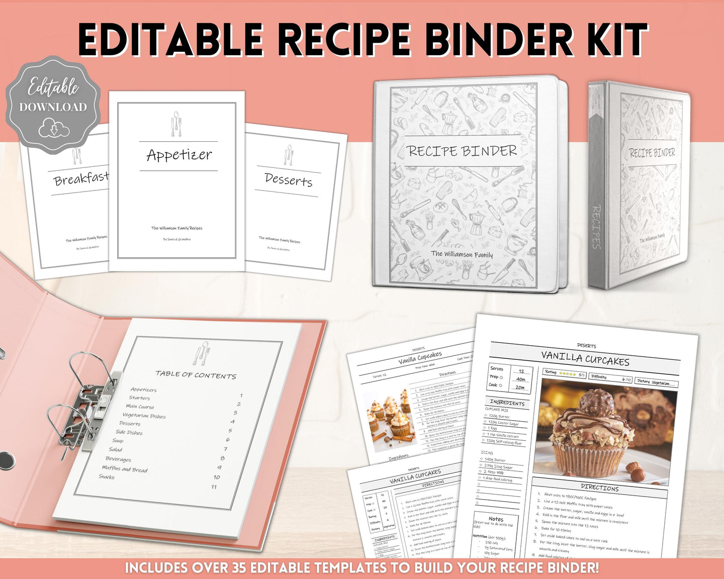 Editable Cookbook Template | Recipe Binder Kit, Recipe Book, Card & Sheet Templates, Food Planner, 35+ page bundle | Mono