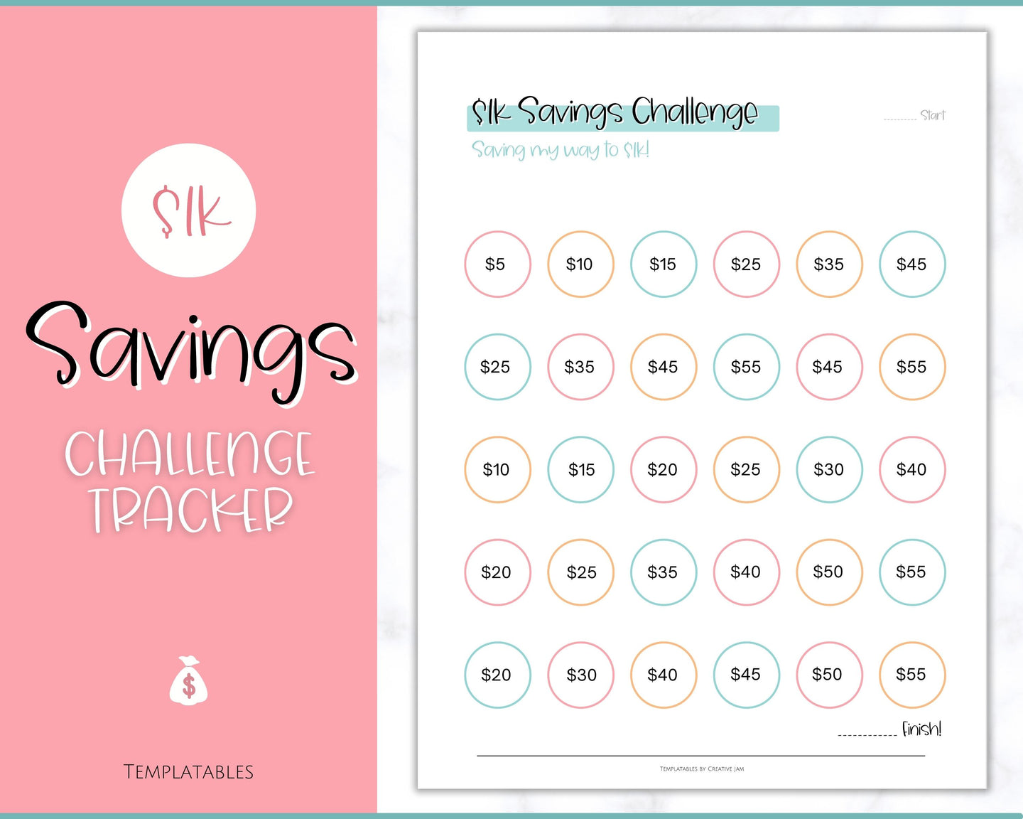 1000 Savings Challenge, 1k Saving Tracker Printable | 30 day, Cash Envelopes to Save Money & Budget | Colorful Sky