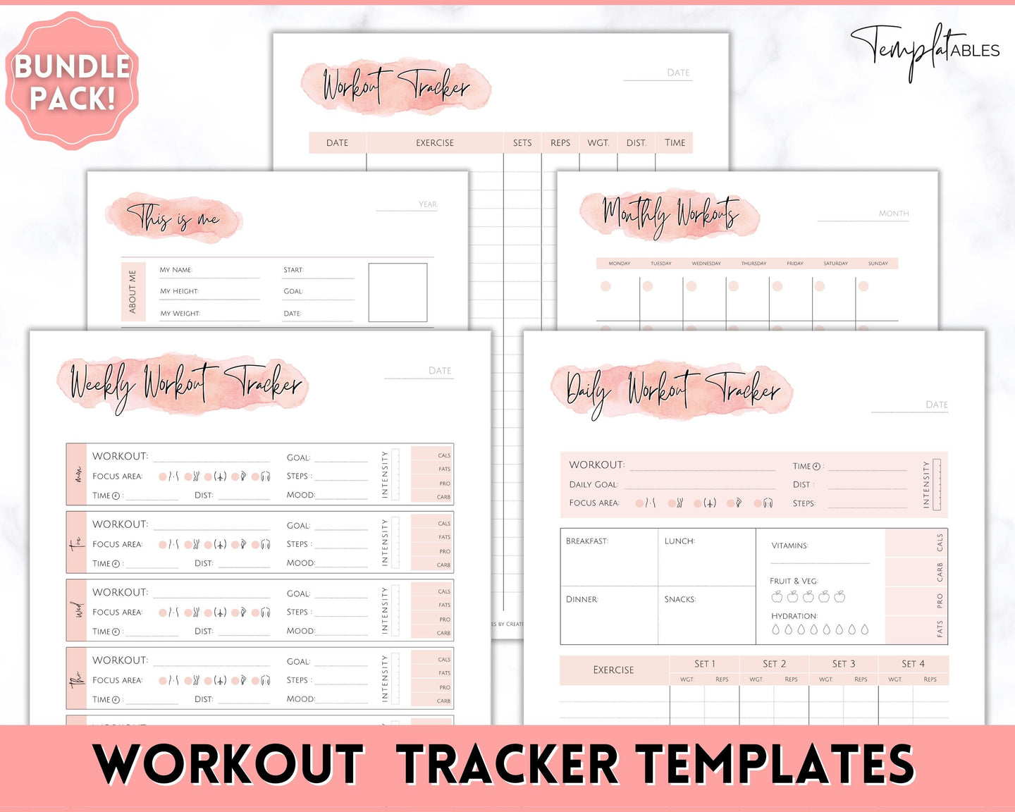 Workout Tracker BUNDLE | Fitness, Exercise & Weight loss Planner | Pink Watercolor