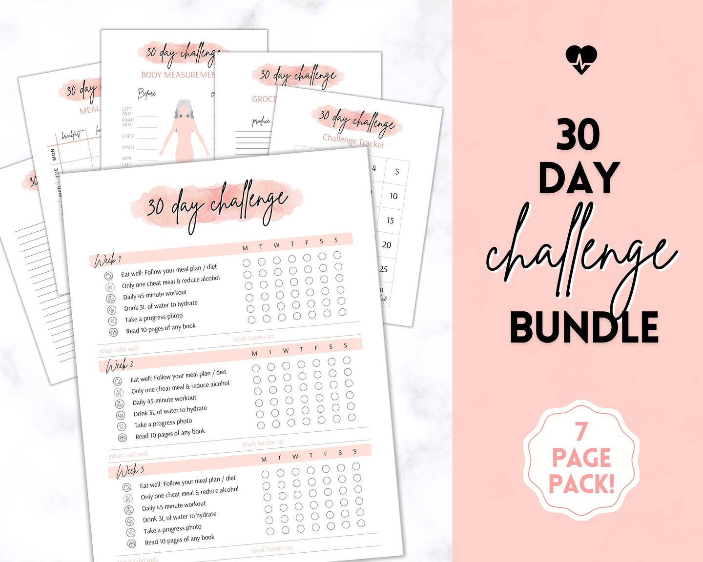 30 Day Habit Tracker Printable | EDITABLE 30 Day Self Care Fitness Challenge | Pink