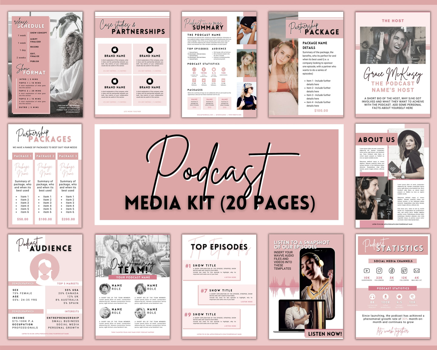 Podcast Media Kit Template Bundle | Editable Canva Podcast Planner, Press Kit, Rate Sheet Card | 20 Page Pink Vol 2
