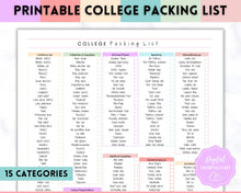 Load image into Gallery viewer, College Packing List Printable | Back to School Moving Checklist for Students, Google Sheets | Pastel Rainbow
