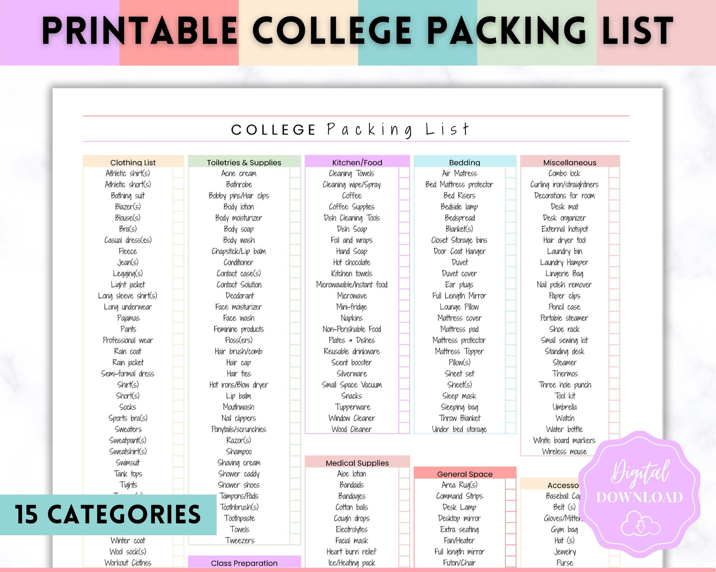 College Packing List Printable | Back to School Moving Checklist for Students, Google Sheets | Pastel Rainbow