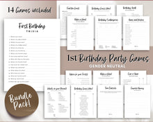 Load image into Gallery viewer, 1st Birthday Games - Printable Bundle of 14 Party Games for Baby&#39;s 1st Birthday | Trivia Activity for Woodland, Boho, Neutral Theme
