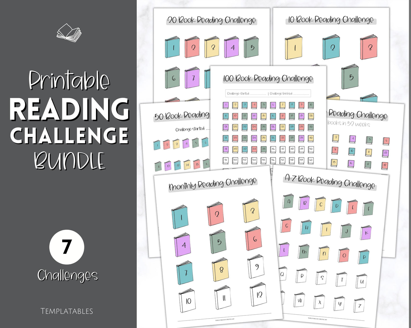 Book Reading Challenge BUNDLE | 52 Weeks, 100 Book Reading Log Printable Planner | Sky Mono