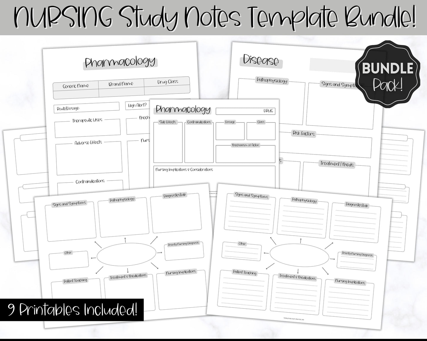 Nurse Student Notes Study Guide Bundle | Concept Map, Disease Template, Pharmacology, Pathophysiology, Med Surg, Drug Card | Mono