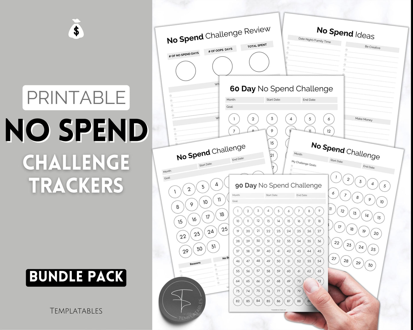 No Spend Challenge BUNDLE | Printable 30 day, 60 day, 90 day Savings Challenge & Monthly Spending Tracker | Mono