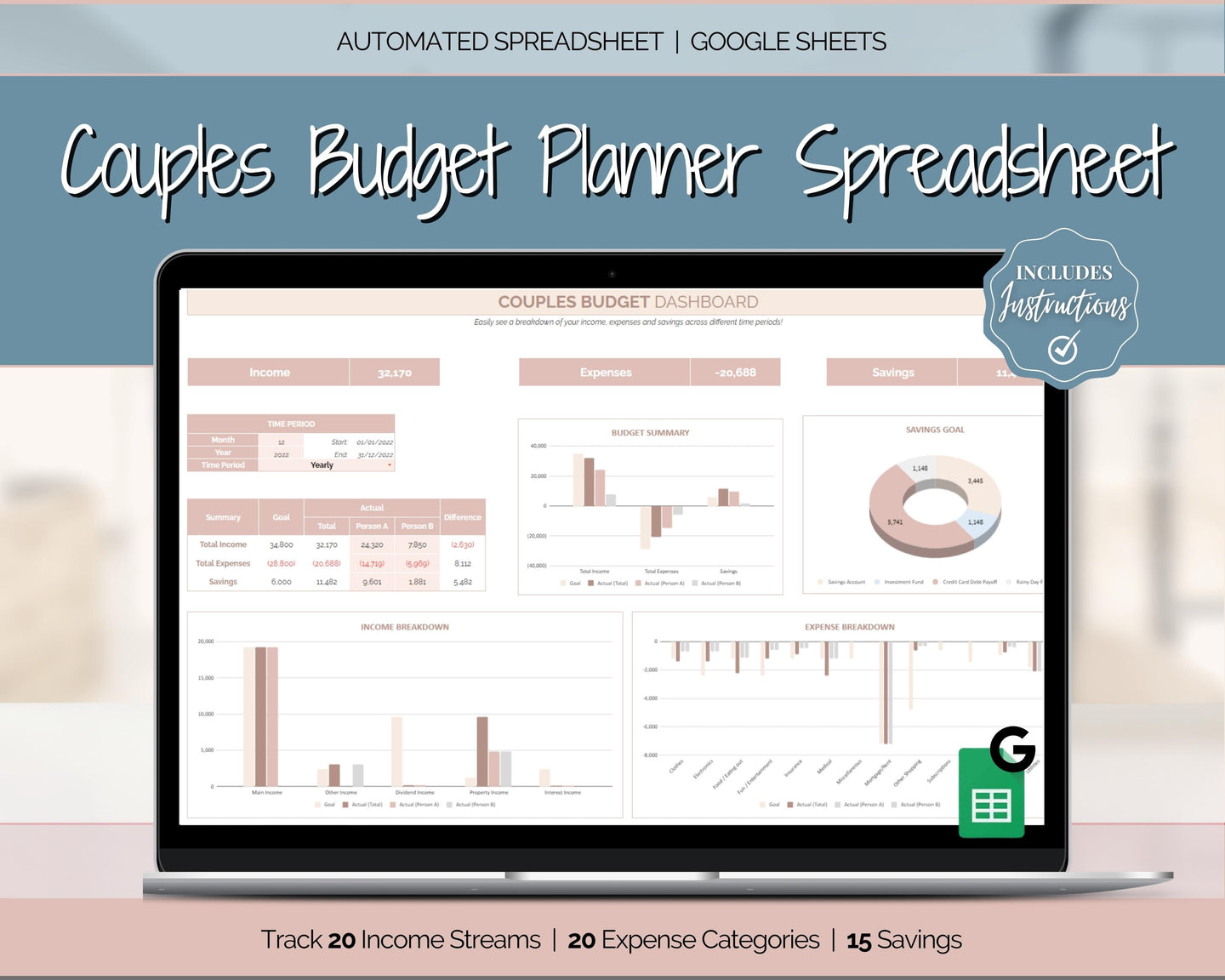 Budget Planner for Couples | Google Sheets Automated Monthly Expenses Spreadsheet | Brown
