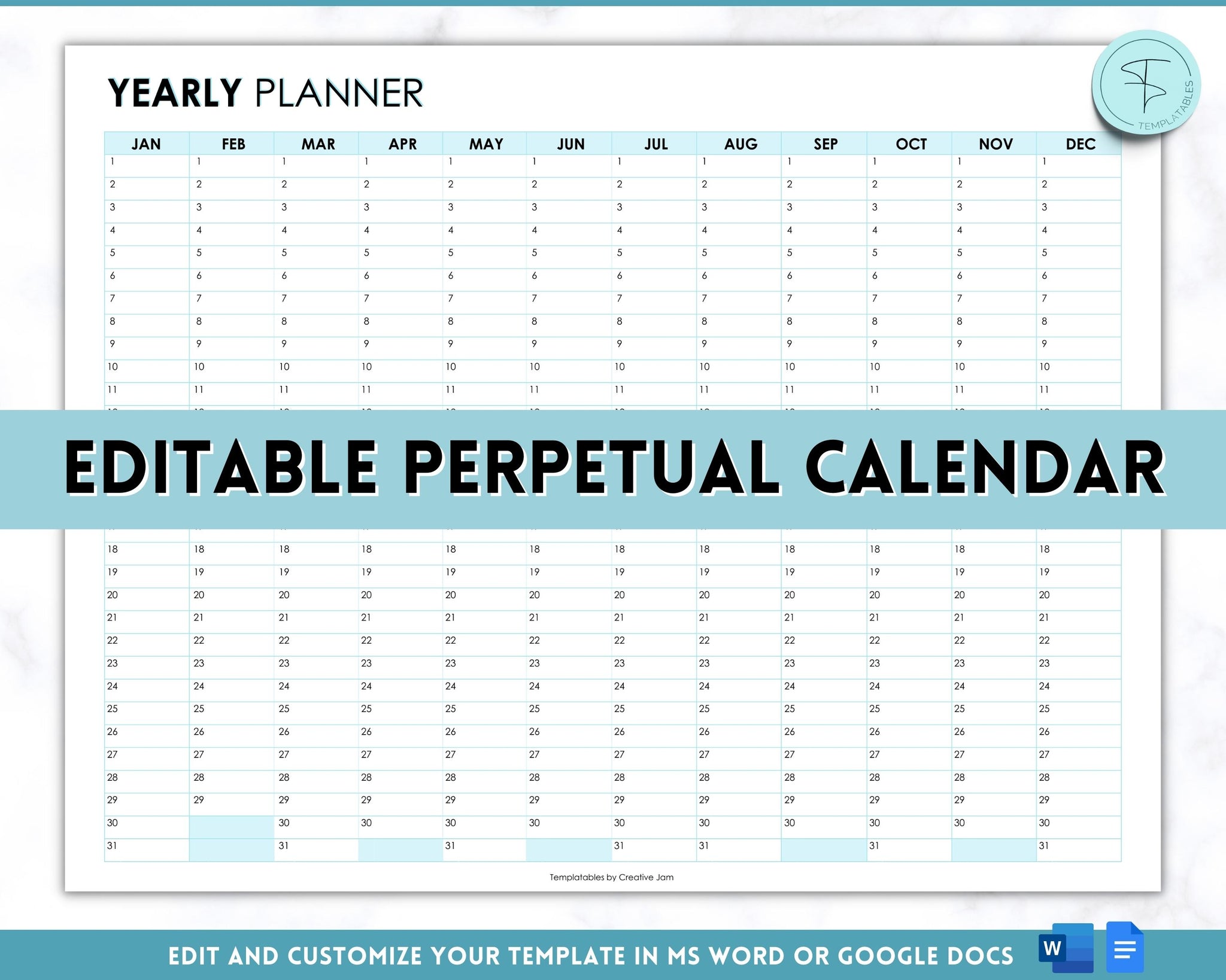 EDITABLE Perpetual Calendar | Undated Annual 12 Month Planner EDITABLE Perpetual Calendar | Undated Annual 12 Month Planner
