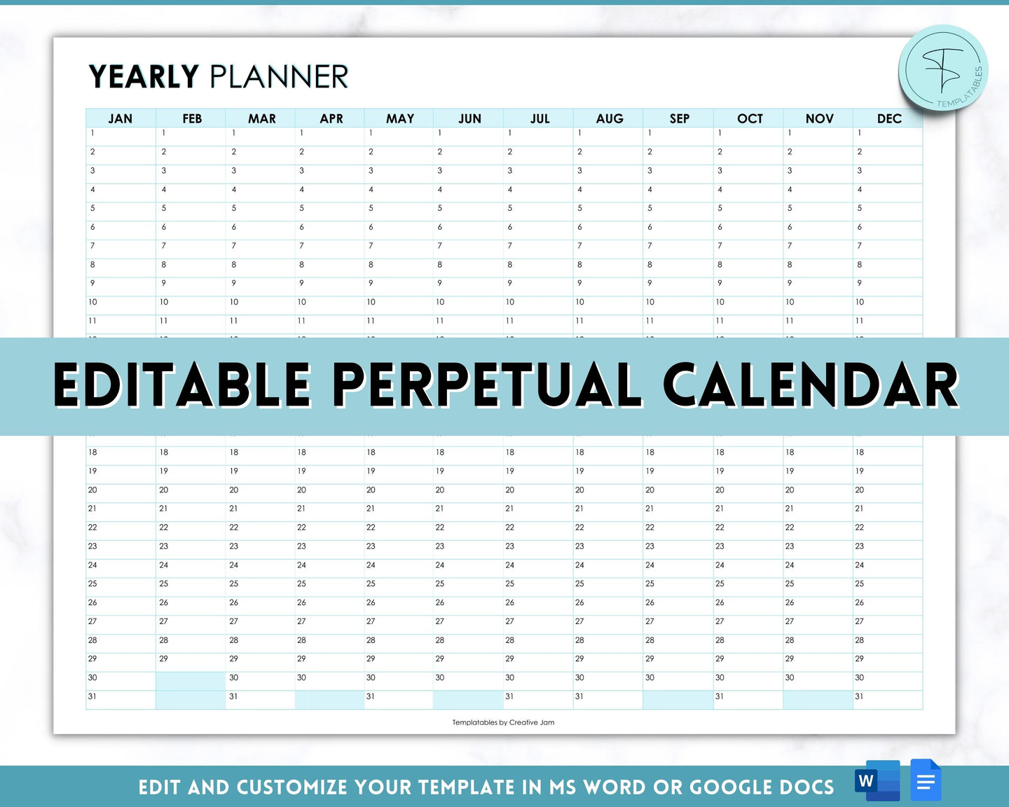EDITABLE Perpetual Calendar | Undated Year at a Glance Reusable Calendar, Year Overview on One Page, Annual 12 Month Planner | Blue
