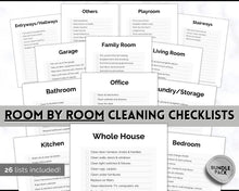 Load image into Gallery viewer, Cleaning Checklist, Printable Room by room Cleaning Cards | Family &amp; Kids Cleaning Schedule Planner &amp; Tracker | Mono

