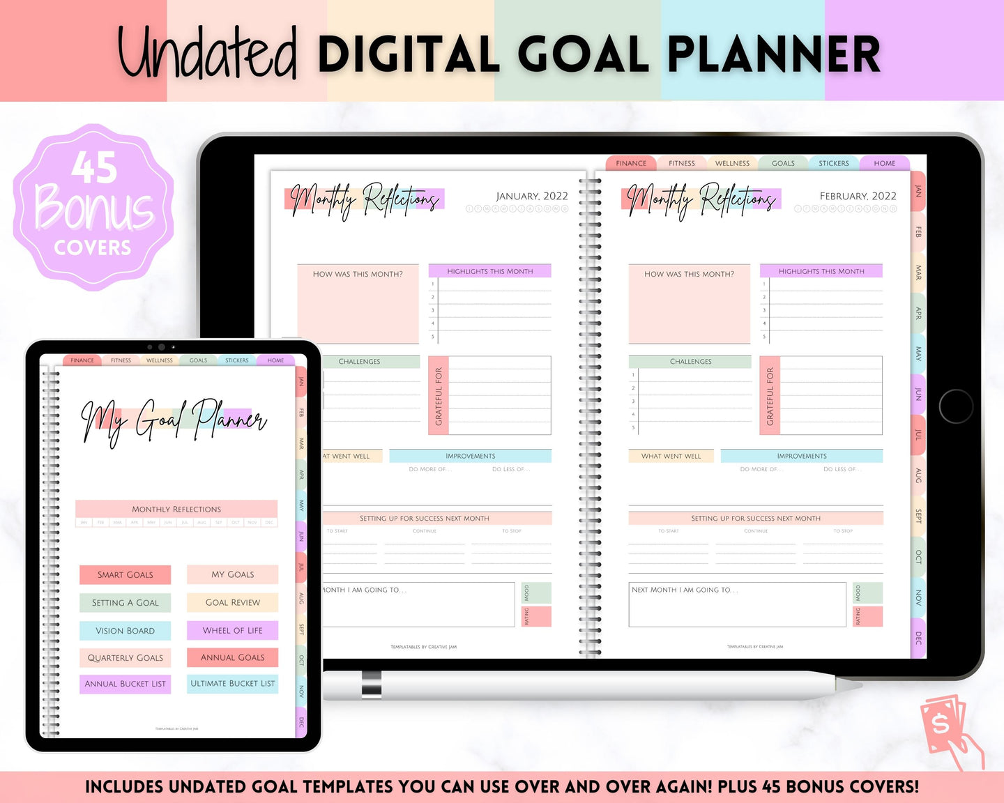 Digital GOAL Planner | GoodNotes Goals Tracker, SMART Goal Setting, Vision Board, UNDATED iPad Goal Journal | Pastel Rainbow