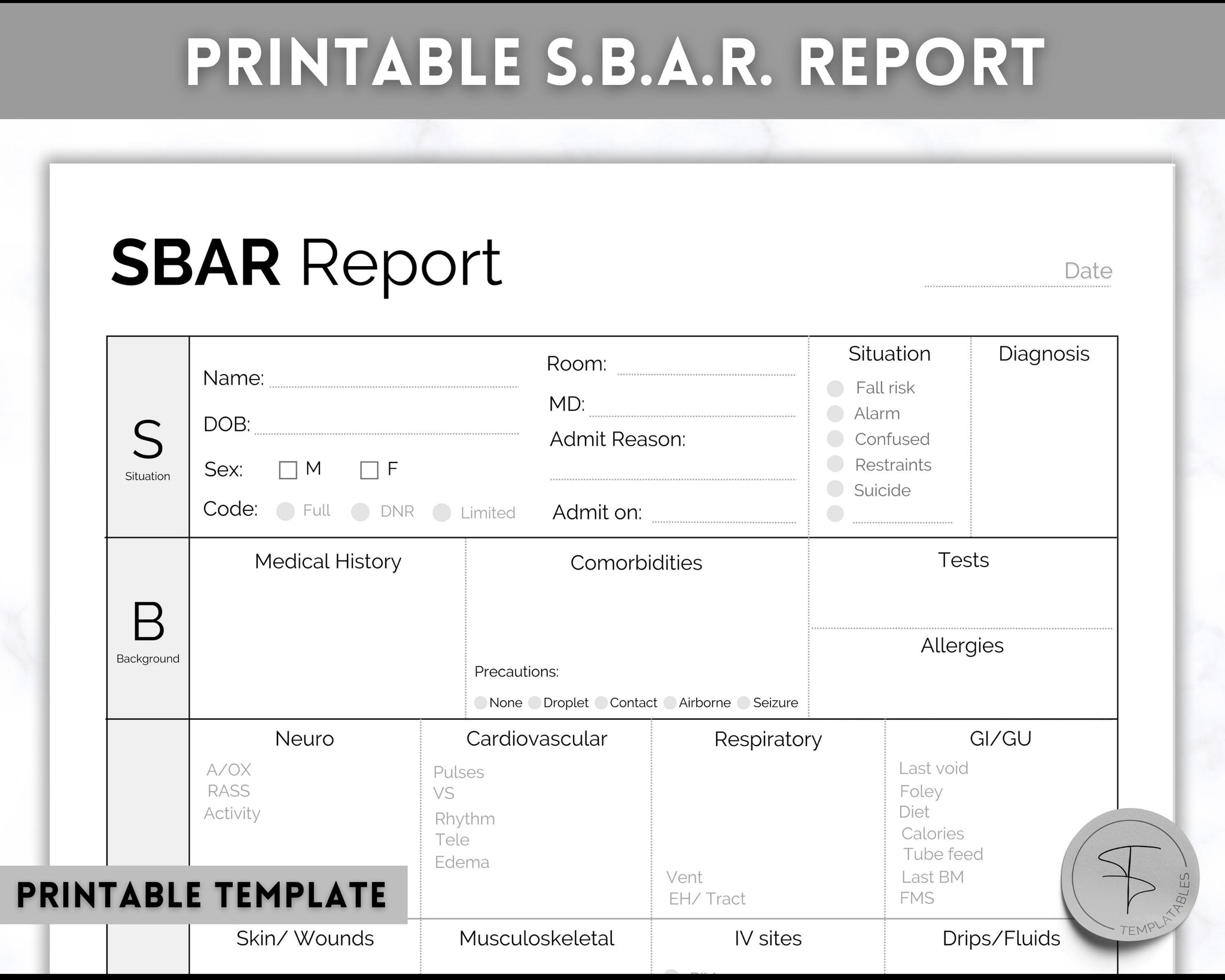 Icu Sbar Example SBAR Nurse Brain Report Sheet | ICU Nurse Report Printable Template