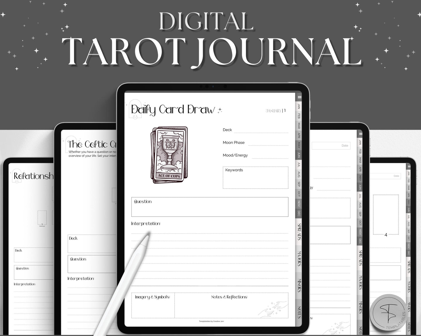 Digital Tarot Journal Workbook for GoodNotes | Tarot Planner, Daily Card Reading, Tarot Spreads, Tarot Deck Notebook | Mono