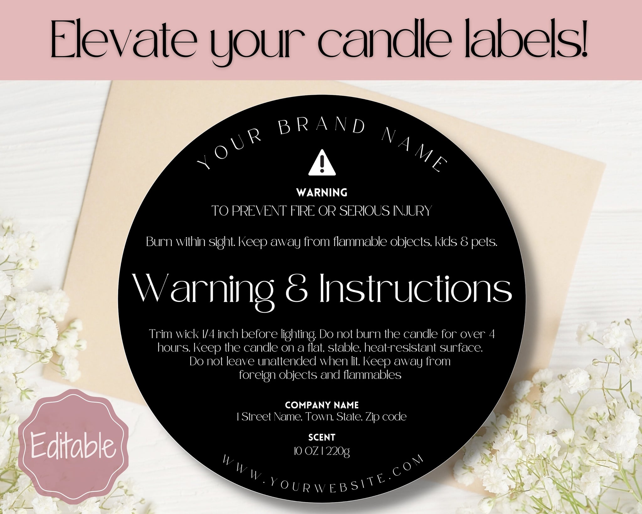 EDITABLE Candle Warning Label Template