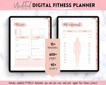 Load image into Gallery viewer, UNDATED Digital Fitness planner | iPad GoodNotes Fitness Journal, Weight Loss Tracker, &amp; Workout Planner | Pink Watercolor
