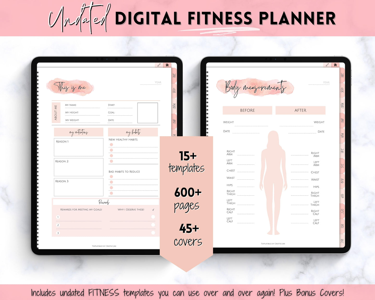 UNDATED Digital Fitness planner | iPad GoodNotes Fitness Journal, Weight Loss Tracker, & Workout Planner | Pink Watercolor