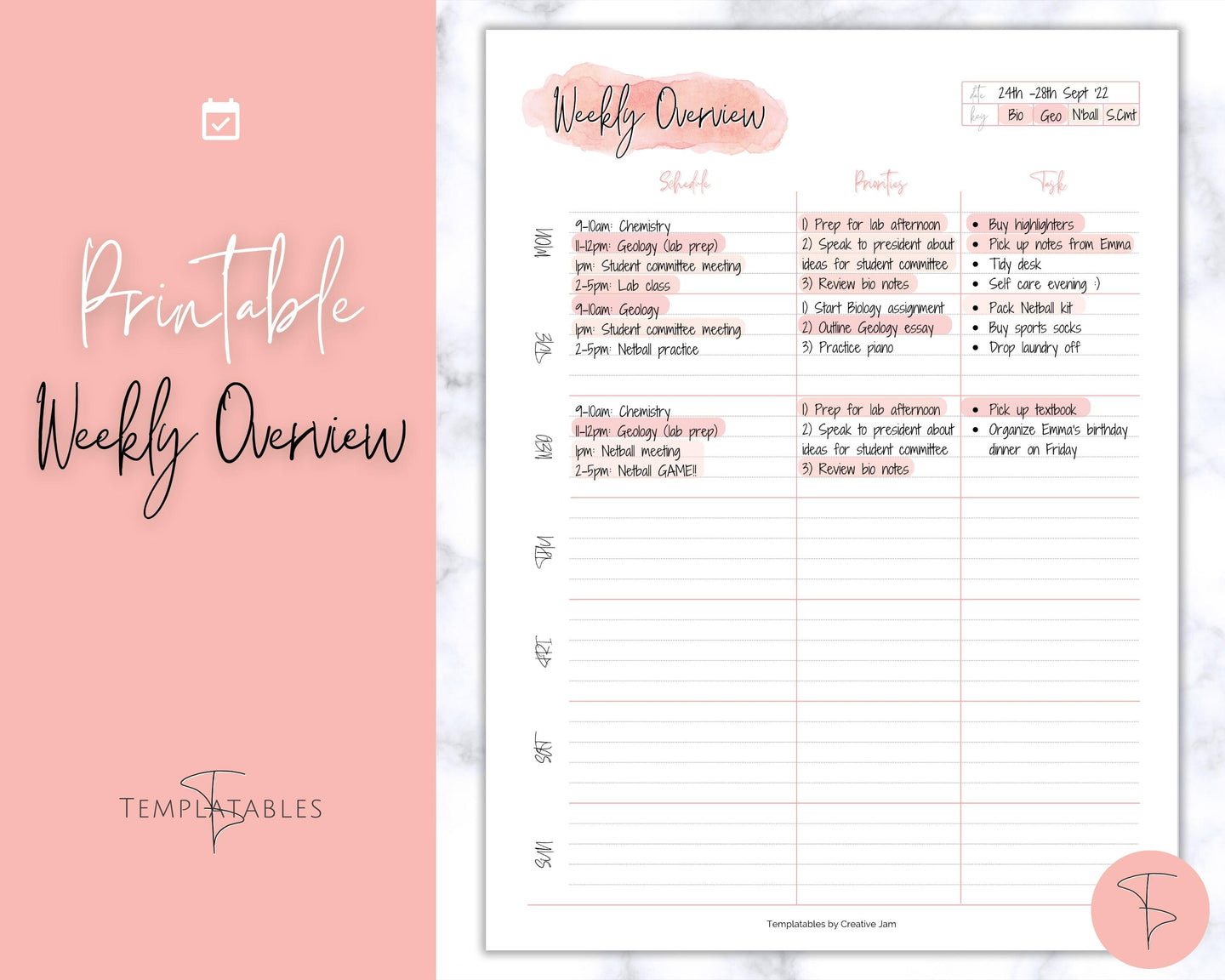 College Student Weekly Planner Schedule | Academic Class Organizer 2023 | Pink Watercolor
