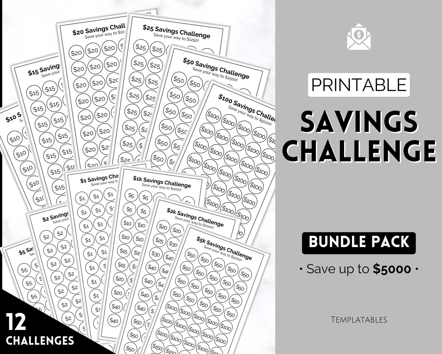 Mini Savings Challenge Printable BUNDLE | 12 Saving Trackers, Cash Envelope, A6 Saving Challenges | Mono