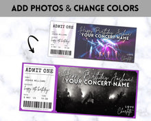 Load image into Gallery viewer, BIRTHDAY Concert Ticket Template | EDITABLE Surprise Getaway gift for Musical Events &amp; Theatre Shows
