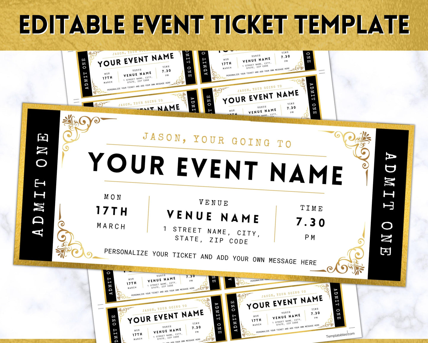 EDITABLE Event Ticket Gift Template | DIY Templates for Concerts, Theatre Shows, Surprise Gifts & Special Occassions | Gold