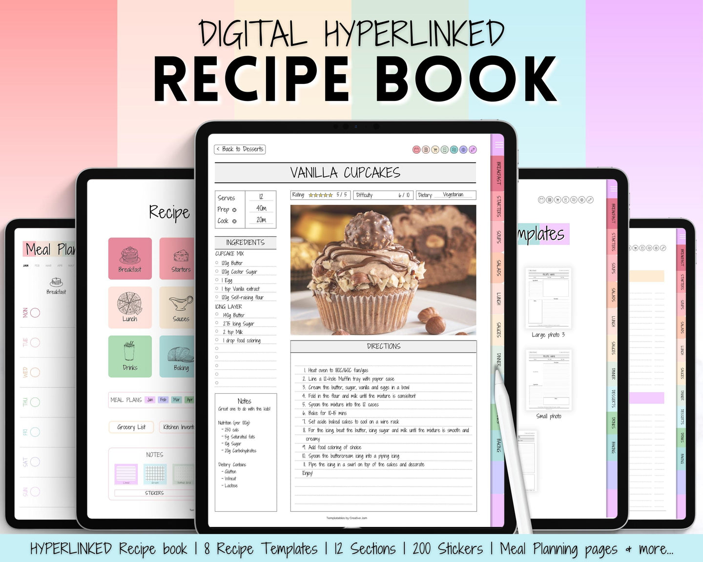 Digital Recipe Book for GoodNotes | Digital Recipe Template, Meal Planner, Cookbook Template for the iPad | Pastel Rainbow