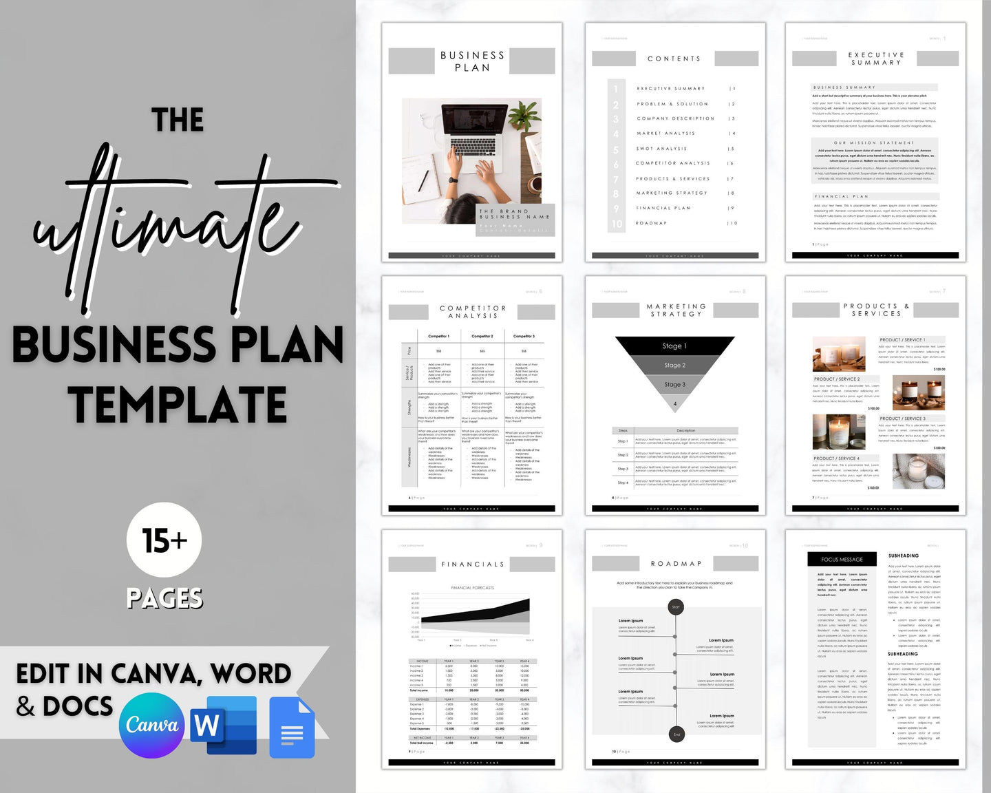 Business Plan Template | Editable Small Business Start Up Workbook in Canva, Word & Google Docs | Mono Strip