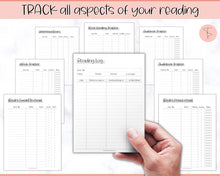 Load image into Gallery viewer, READING Journal Printable Book Tracker | Reading Challenge, Book Review &amp; Journal Template, Bookshelf Insert | Sky Mono
