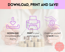 Load image into Gallery viewer, Mini Savings Challenge Printable BUNDLE | 12 Saving Trackers, Cash Envelope, A6 Saving Challenges | Pastel Rainbow
