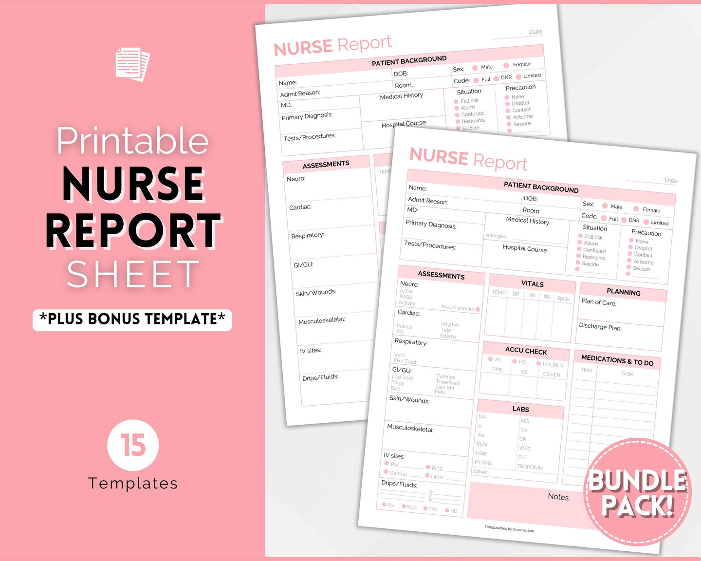 Nurse Report Sheet Bundle | ICU Report, Med Surg Report, Nurse Brain Sheet & Sbar Nurse Report