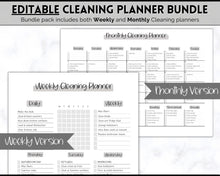 Load image into Gallery viewer, EDITABLE Cleaning Planner, Cleaning Checklist &amp; Cleaning Schedule | Weekly House Chores, Clean Home Routine, Monthly Cleaning List | Mono Sky
