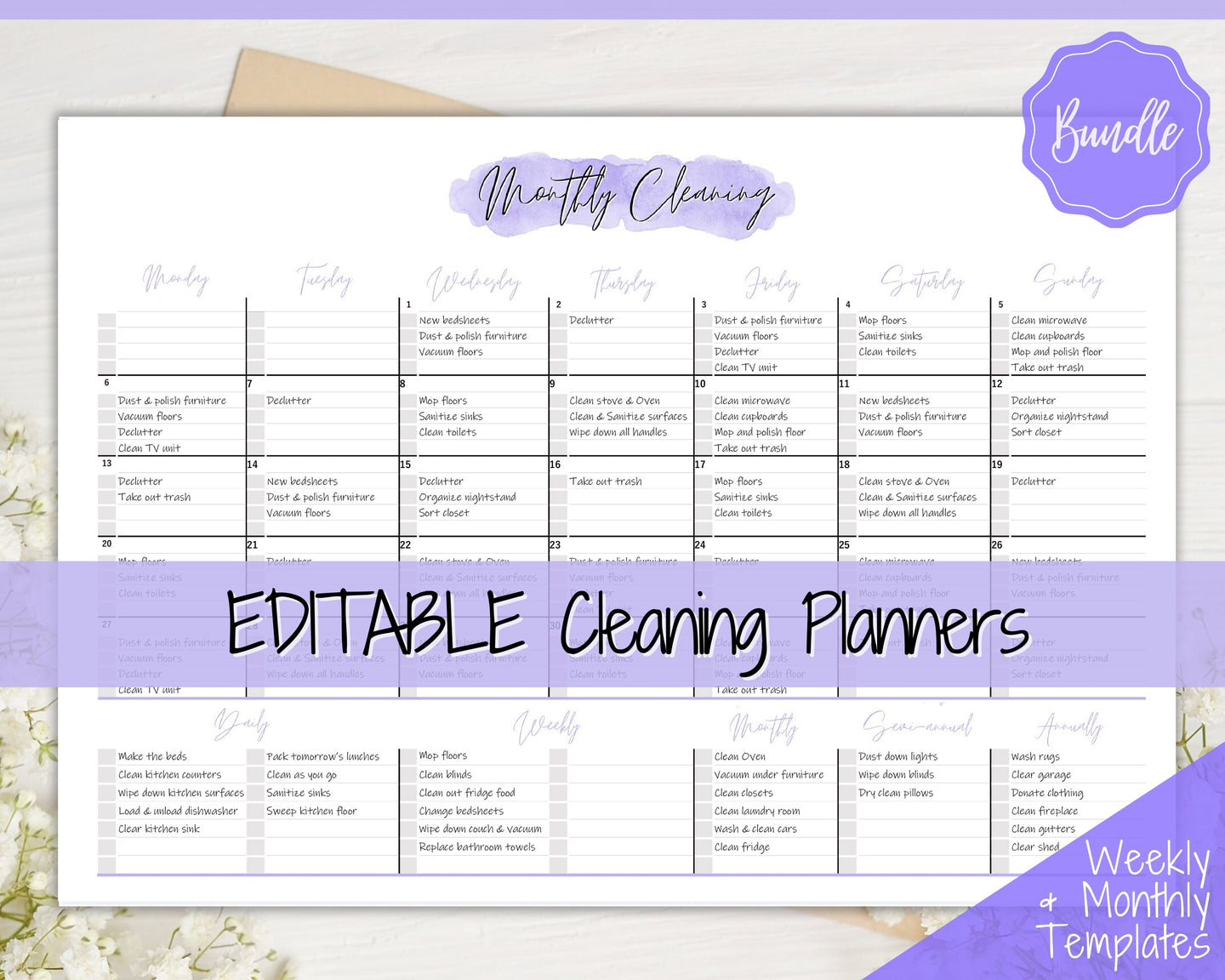 EDITABLE Cleaning Planner, Cleaning Checklist & Cleaning Schedule | Weekly House Chores, Clean Home Routine, Monthly Cleaning List | Purple