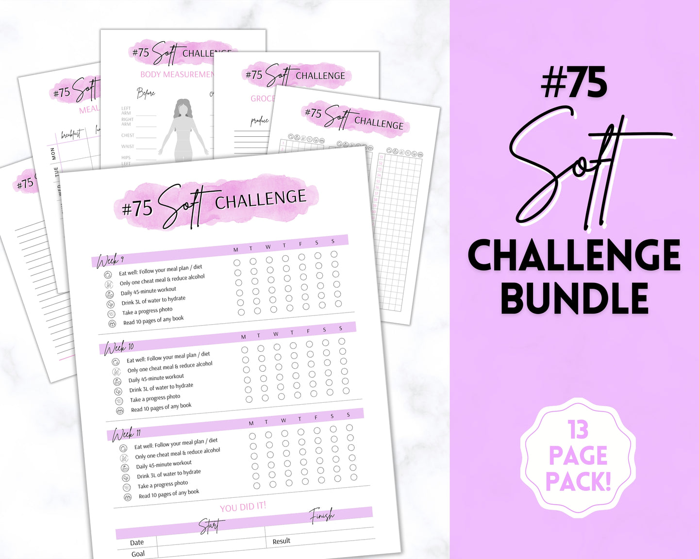 EDITABLE 75 SOFT Challenge Tracker | 75soft Printable Challenge, Fitness & Health Planner | Purple Watercolor